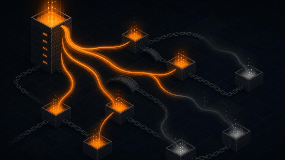 Abstract illustration of value flowing out of a container into scattered channels, representing shifting exploit loss totals.