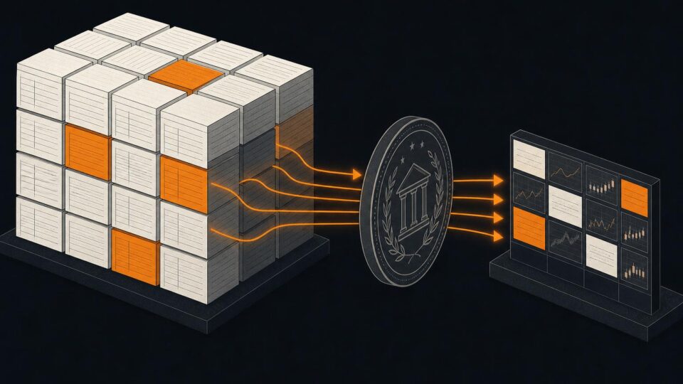 Abstract illustration of tokenized fund shares flowing from an institutional ledger through a regulated custody layer into a trading terminal