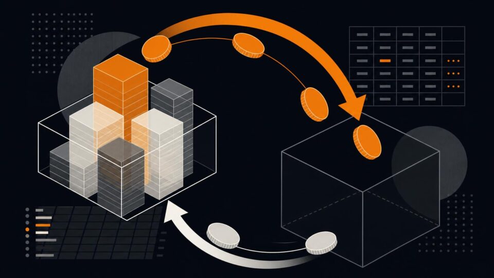 Abstract illustration of digital assets moving between fund containers