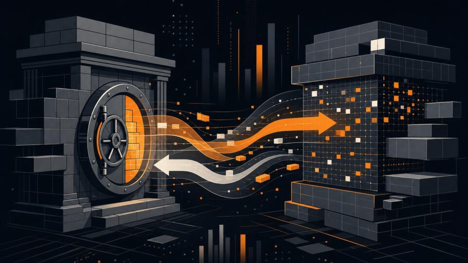 Abstract illustration of capital flowing between a bank vault structure and a digital ledger network