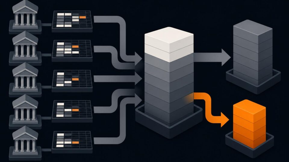 Abstract illustration of five institutions pooling capital into a new stablecoin container, orange value streams on a dark background